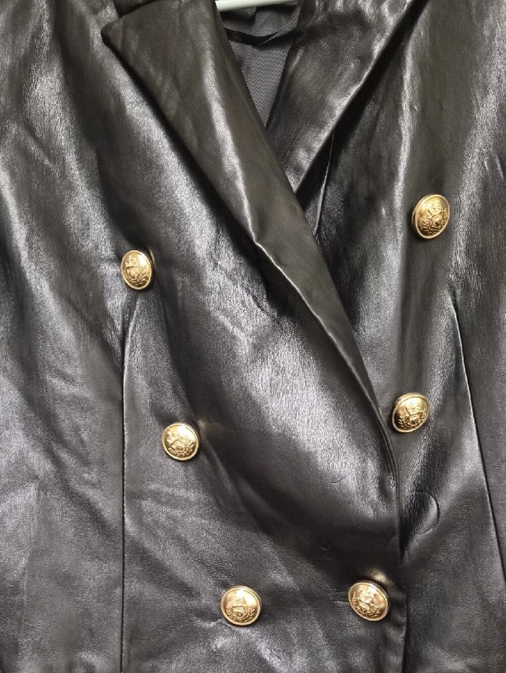Truth Black Faux Leather Double-Breasted Blazer with Gold Buttons Size 8 - Picture 4 of 11